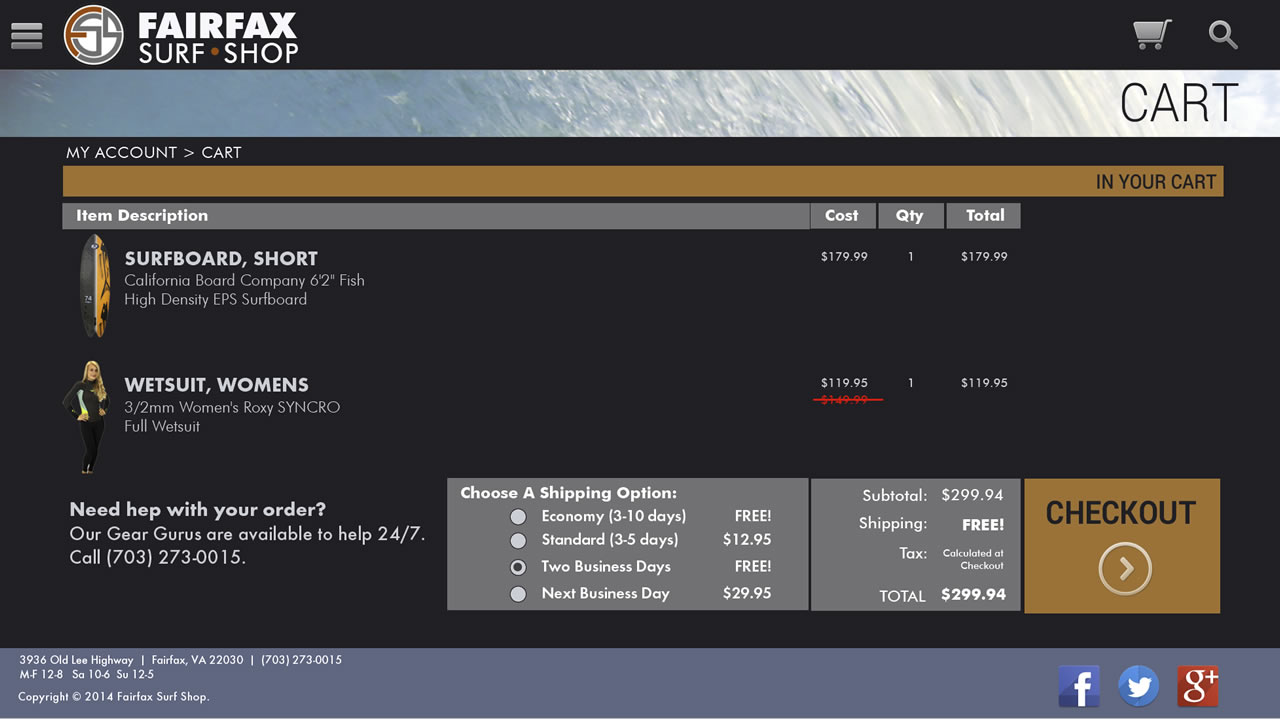 Fairfax Surf Shop prototype mockup for tablet detail page.