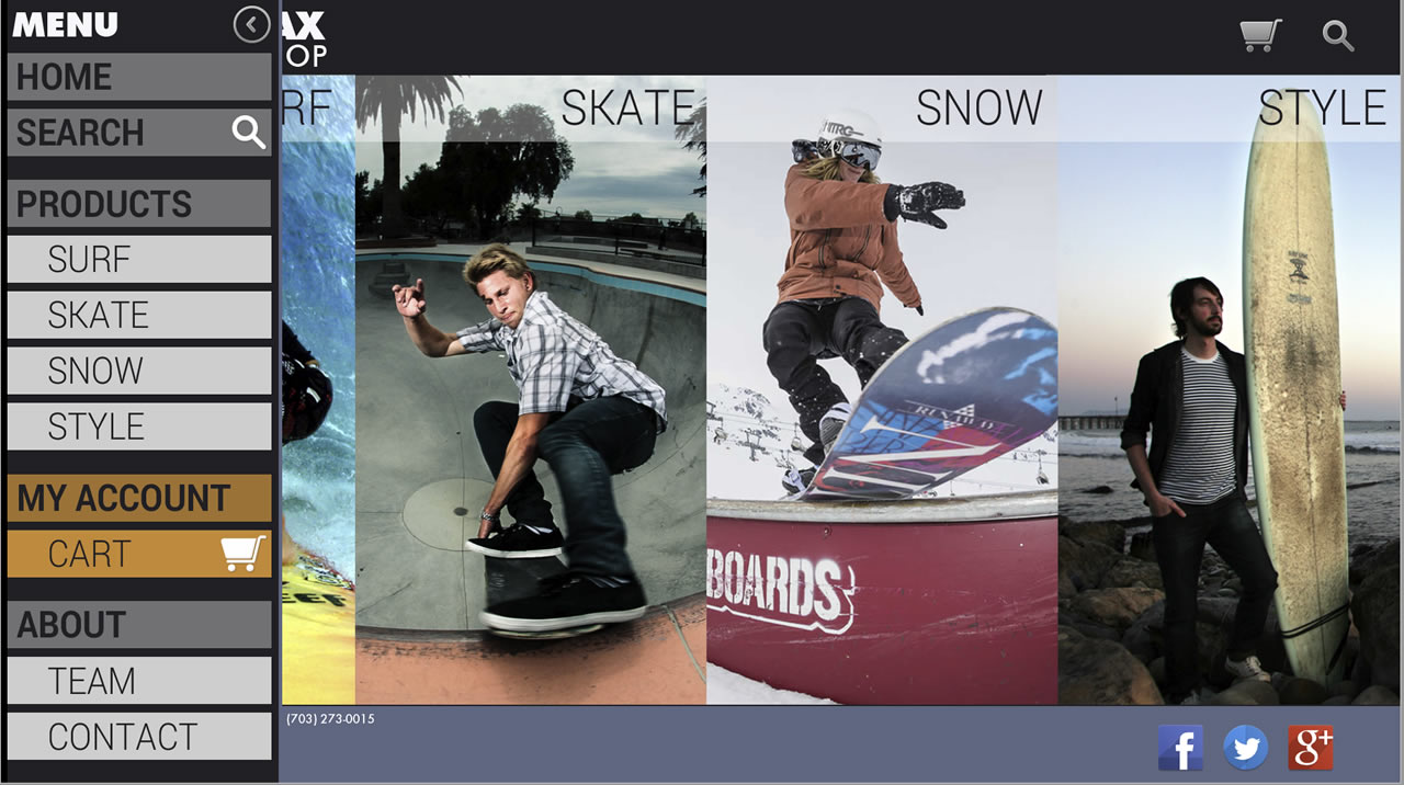 Fairfax Surf Shop prototype mockup for tablet homepage with menu shelf.