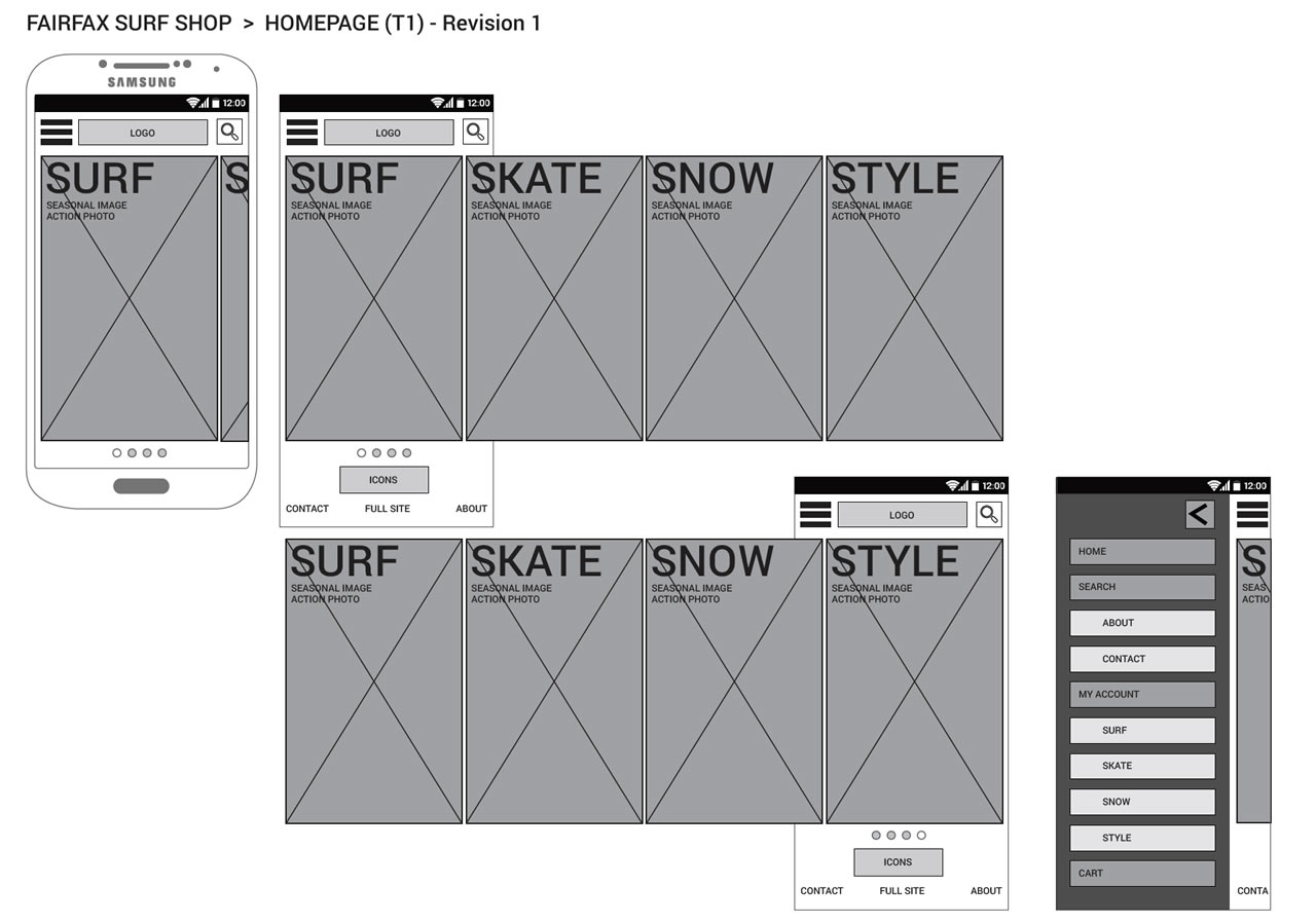 Fairfax Surf Shop prototype wireframe for smart phone homepage.