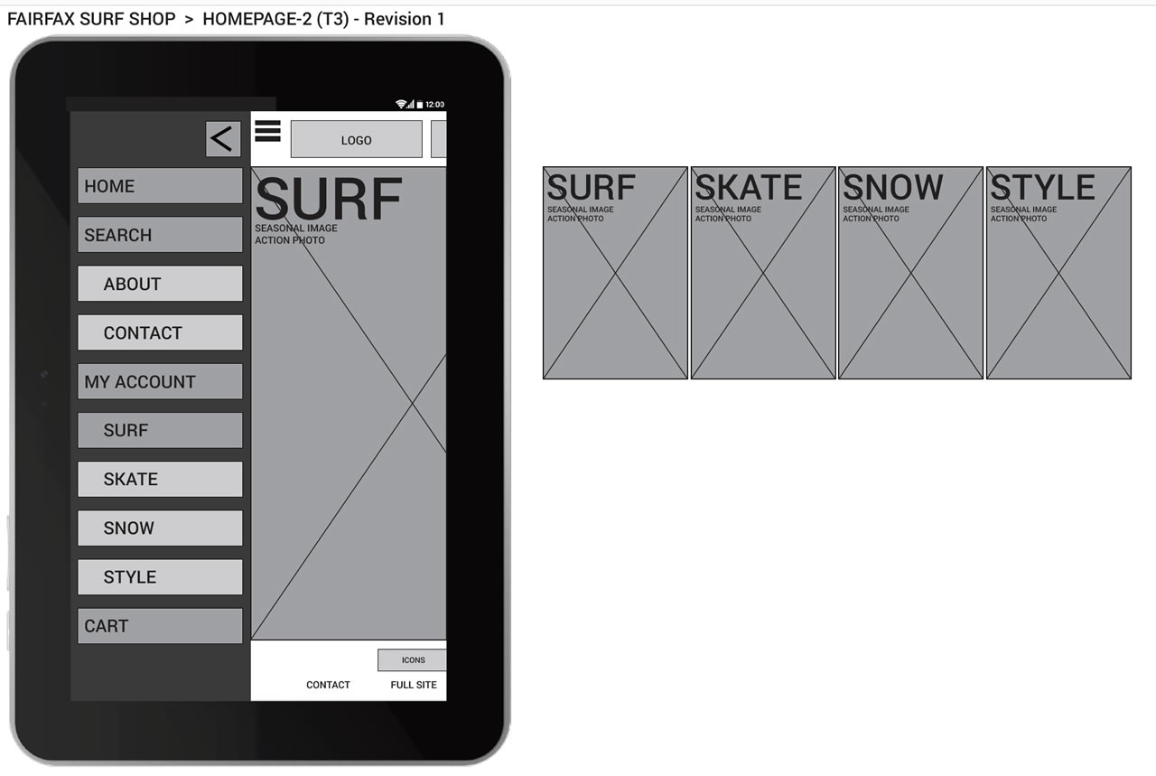 Fairfax Surf Shop prototype wireframe for tablet homepage.