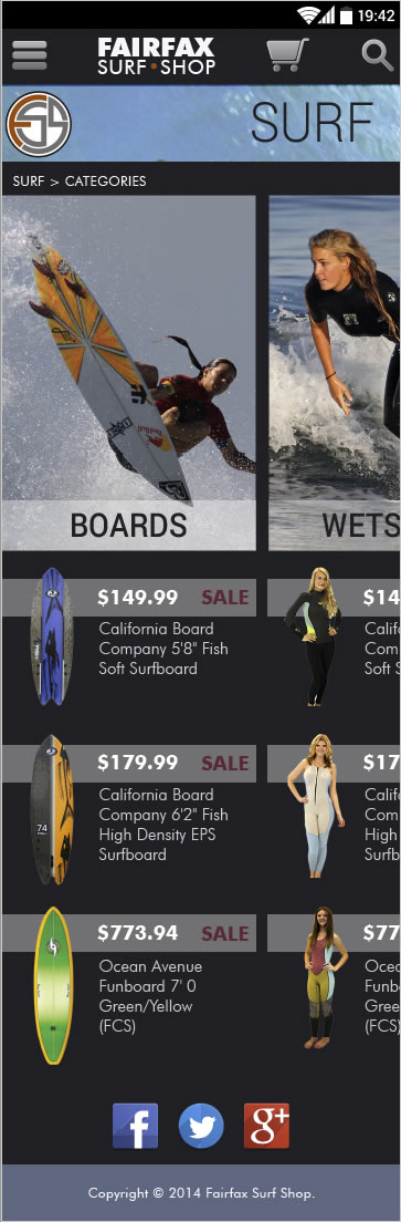 Fairfax Surf Shop prototype mockup for smart phone detail page.