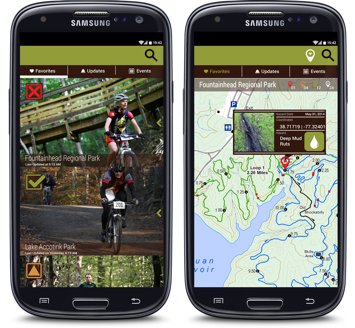 Trailgrinder application park favorites at-a-glance mockups.