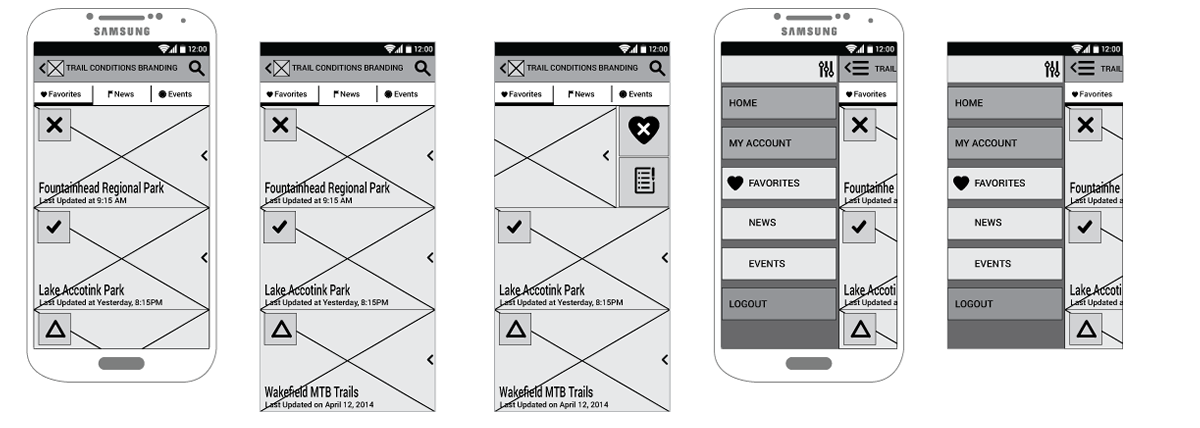 Trailgrinder application park favorites at-a-glance wireframes.