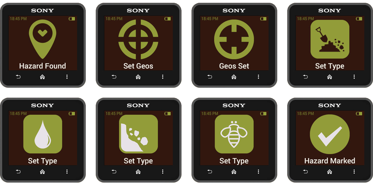 Trailgrinder Sony Smartwatch mockup screens.
